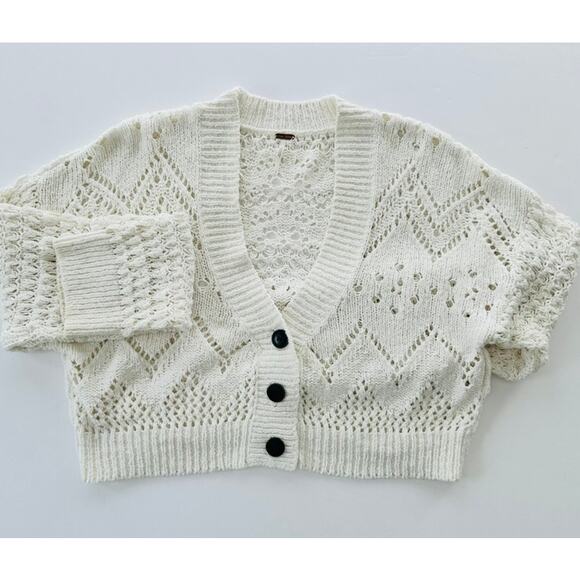 Free People Chloe Cardigan Size Large Cream Open Knit V-Neck 3 Button - Picture 2 of 9